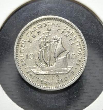 外国优质银币克朗币纪念章，每周六晚九点倒数截拍，满百包邮可寄存，持续收拍 - 英属加勒比海领地1959 年10分，正面为伊丽莎白二世像，背面绘帆船，是英国殖民加勒比时期的统一流通币，见证了该地区的殖民历史。