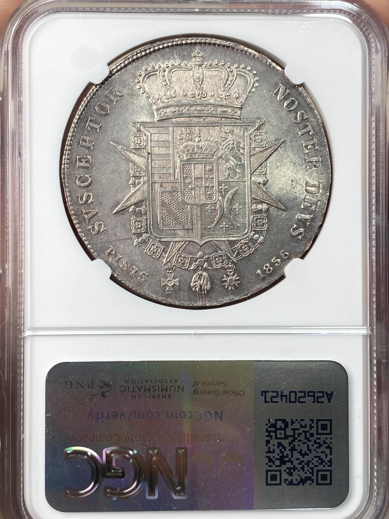 万国钱币拍卖第064期 NGC MS62 1856年意大利托斯卡纳4菲奧里尼大银 好品不多见的意系主币大银 背面纹章设计极其华丽 全深打车轮转光 原味欧陆五彩倒影包浆收藏级状态