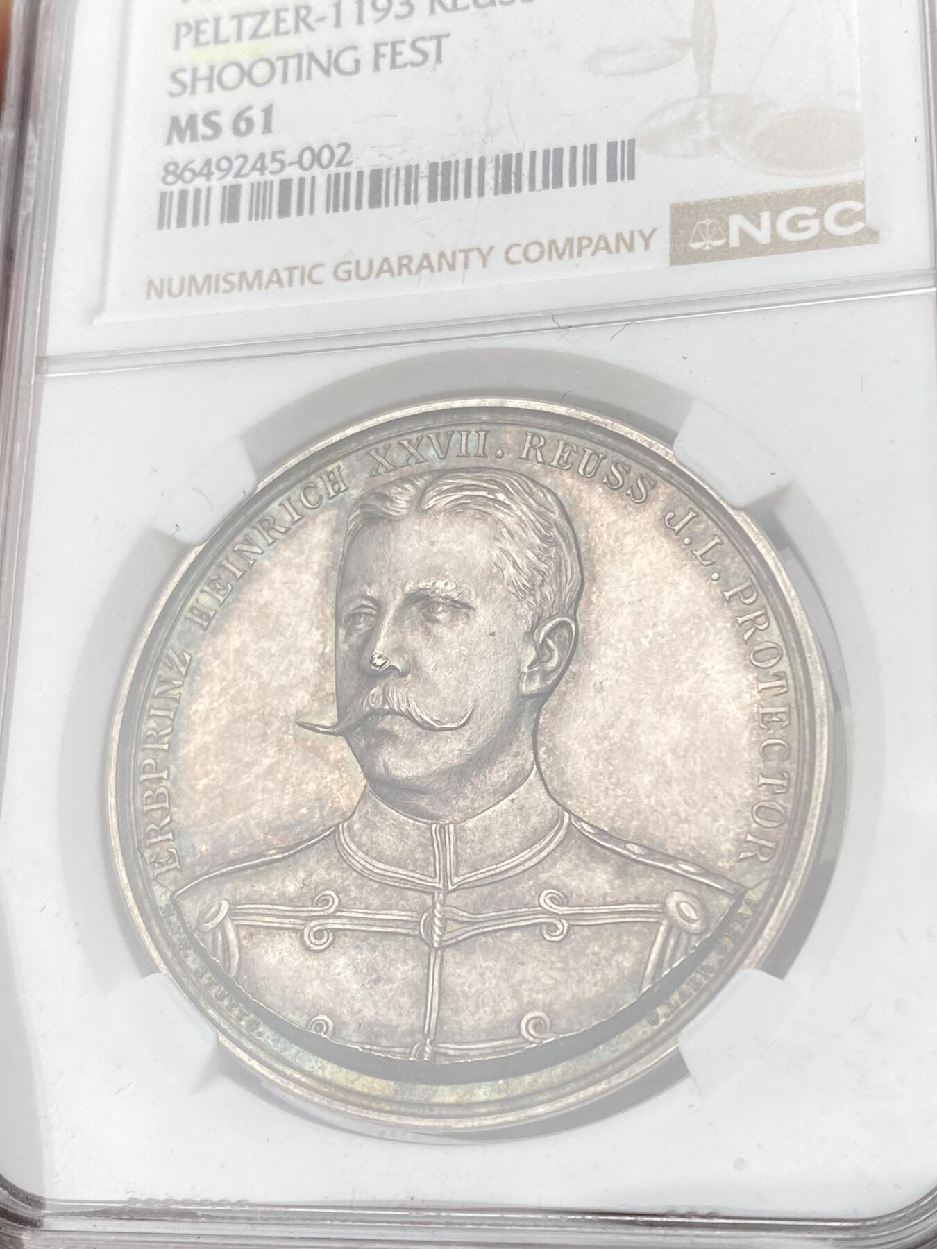 万国钱币拍卖第064期 NGC MS61 1896年德国中部罗伊斯联邦射击节纪念银章 罕见小邦罗伊斯亨利二十七世亲王侧像 背面冷热兵器交替士兵与射击景观图 珍稀品种 常见均为带吊环 