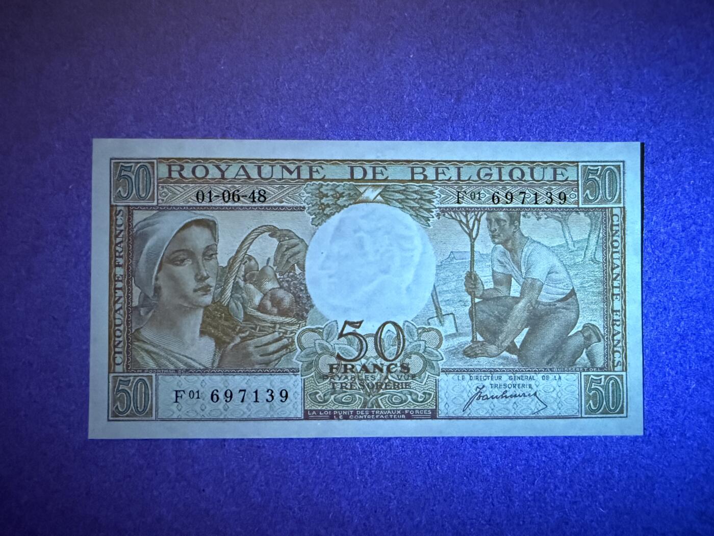 《愛美收藏》第239期-4.5周日外币黄金场  比利时50法郎 UNC 1948年首发年a版 无4