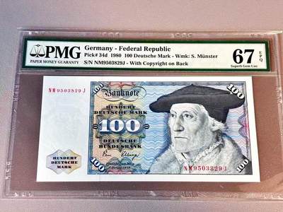 【Blue Auction】世界纸币精拍第804期——18级TOP拍卖/信誉/品质/专业/高效💫 - 【p34d 无47】德国 1980年100马克 明斯特 PMG67EPQ 