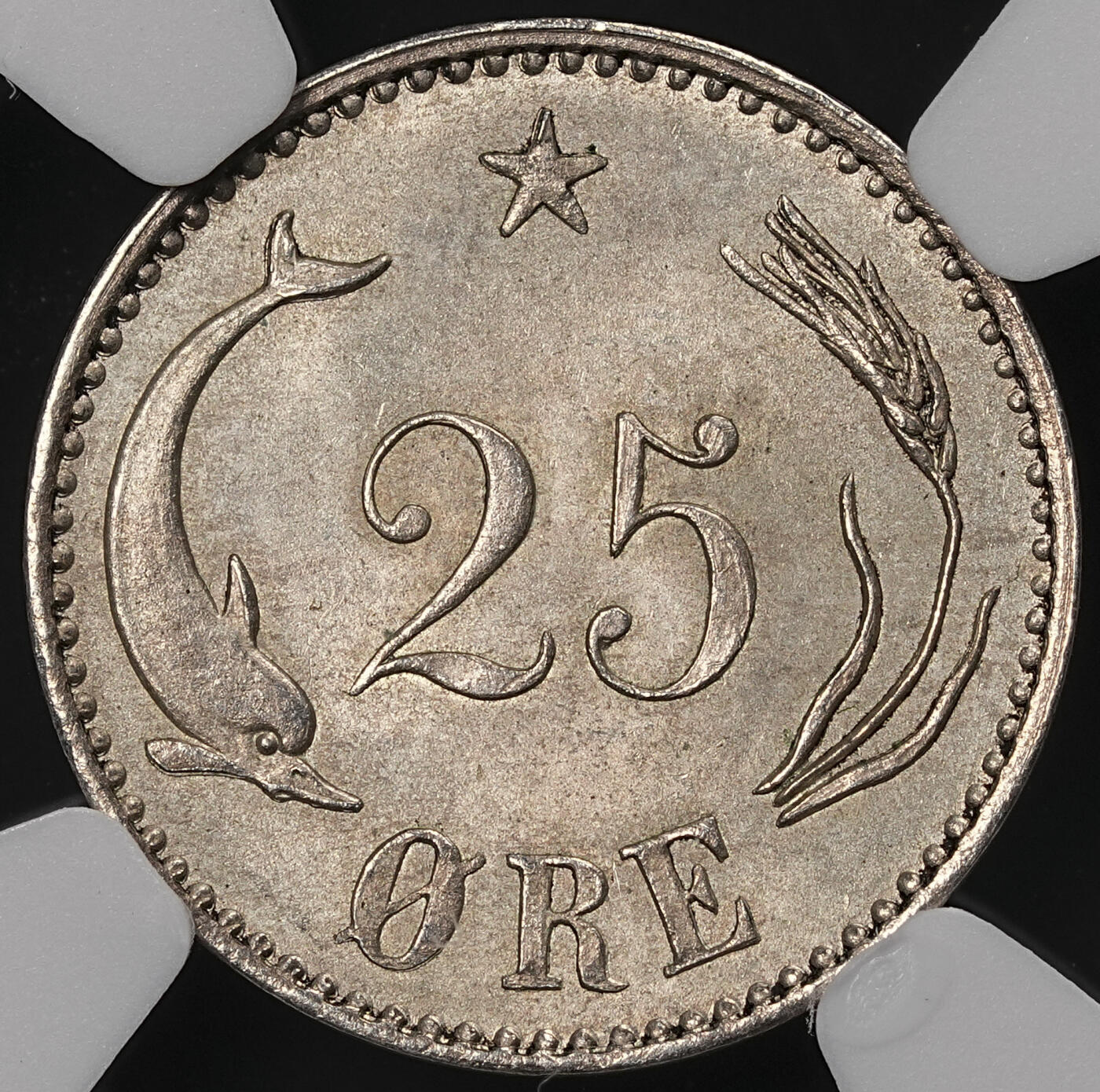 修遠堂世界钱币第110期 NGC MS64 1894年丹麦海豚25欧尔银币