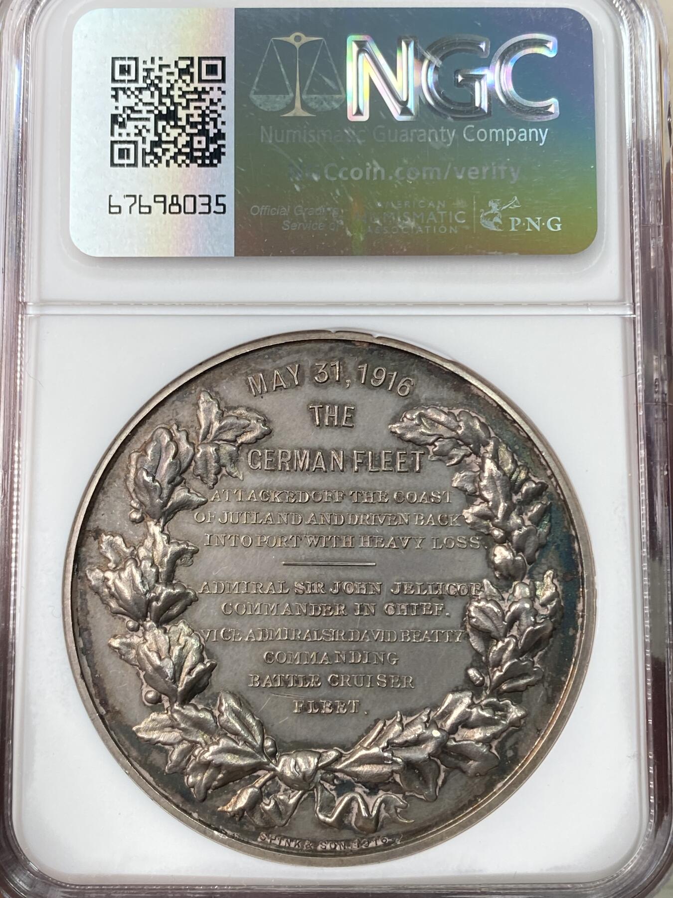 万国钱币拍卖第064期 NGC MS63 1916年英国日德兰海战战胜德国纪念大银章 纪念日德兰海战中阵亡将士经典不列颠海神三叉戟 45MM