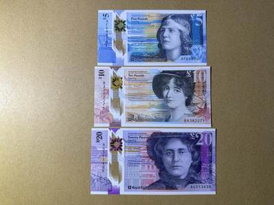 《愛美收藏》第239期-4.5周日外币黄金场  - 苏格兰5、10、20镑3张 UNC 皇家银行塑料钞