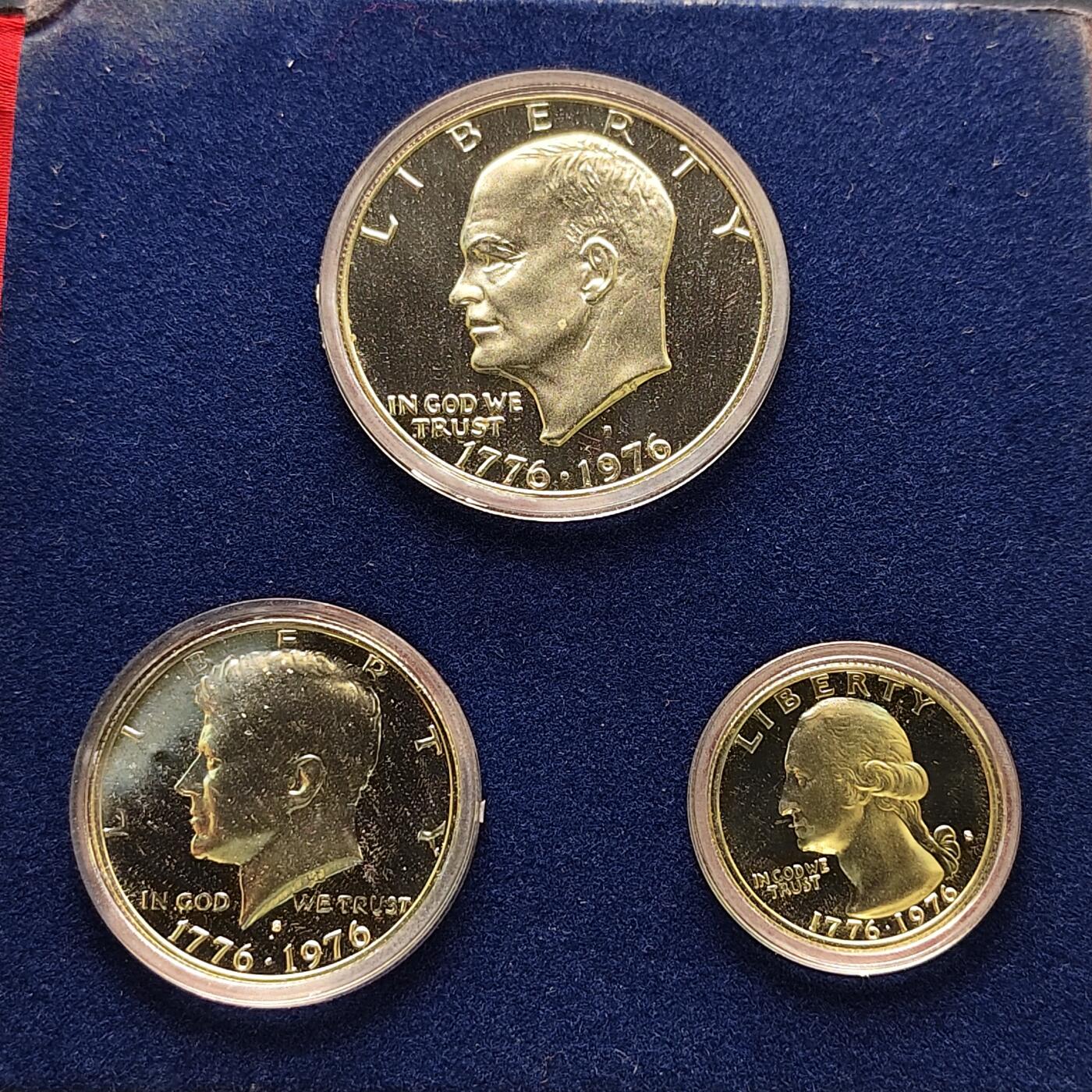 【全场包邮】纯粹捡漏拍519场 美国1976年独立200周年3枚全银精制纪念套币-盒证全