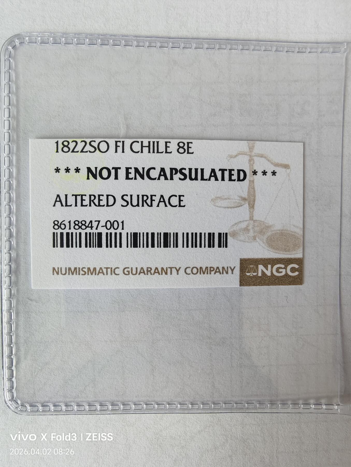 【雨安】【直播拍卖】【第0131期-评级币章】2026-04-04 周六 19:30 (金价1060, 银价18.08)  [裸币金币] Chile [金币] 智利 8埃斯库多 1822年 极其罕见, NGC鉴定, 但是币面改变没有装盒子 24.5克