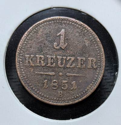 外国优质银币克朗币纪念章，每周六晚九点倒数截拍，满百包邮可寄存，持续收拍 - 奥地利帝国1851年1克鲁泽铜币，正面铸帝国双头鹰徽，属奥匈帝国传统辅币，由克雷姆尼茨造币厂（B 标）铸造，是 19 世纪中欧流通的经典铜币。