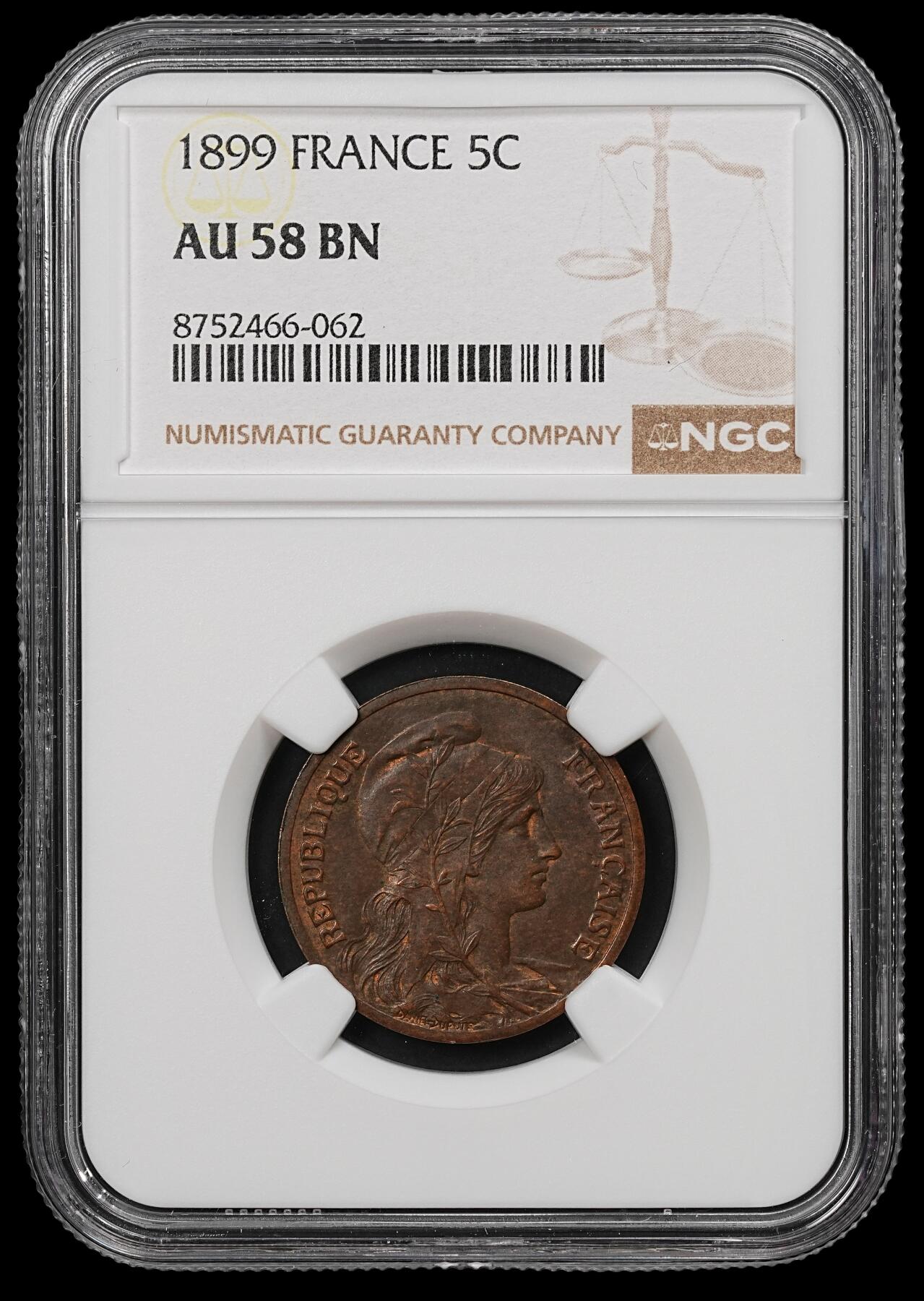 修遠堂世界钱币第110期 NGC AU58BN 1899年法国5分铜币