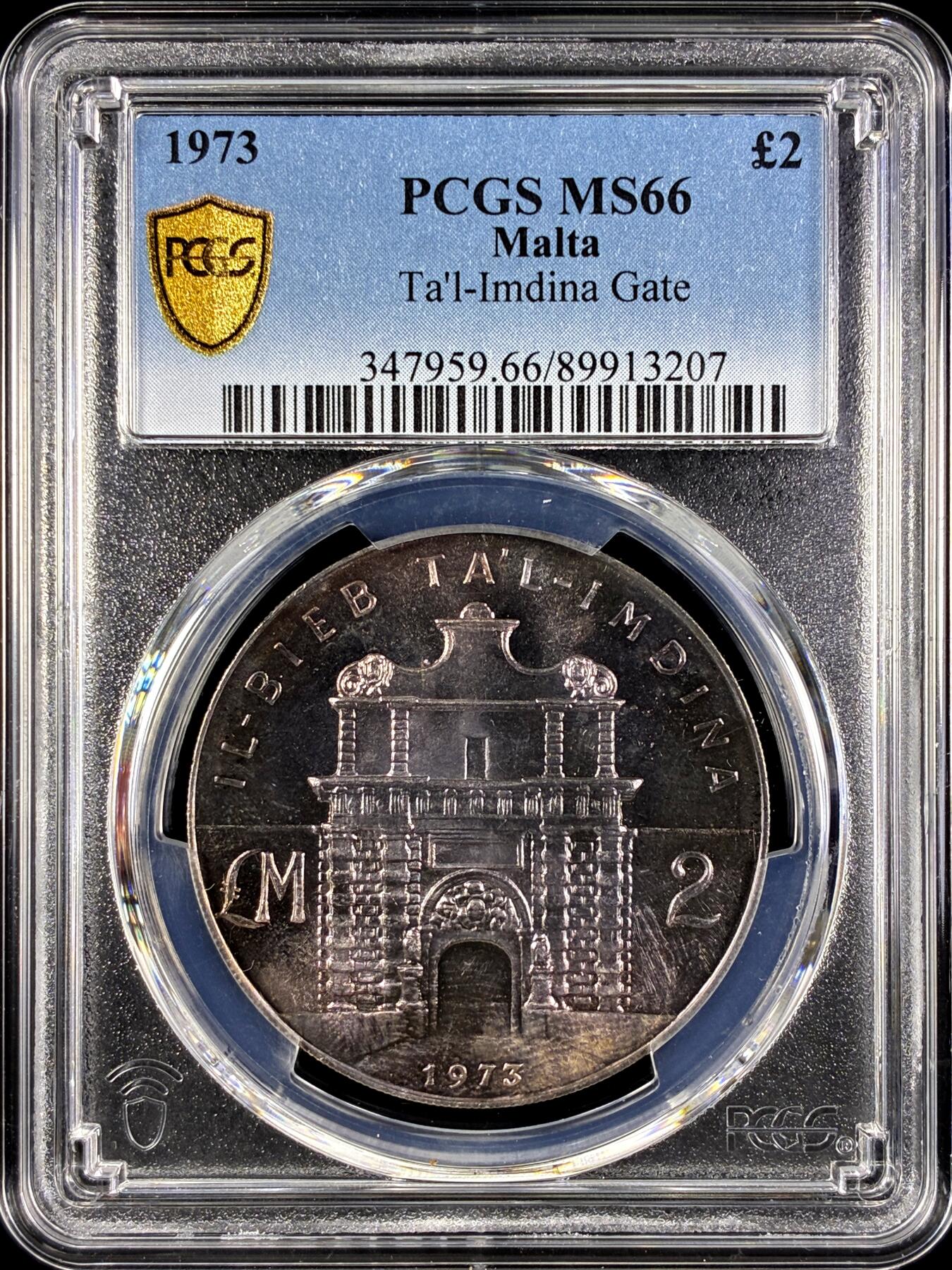 【雨安】【直播拍卖】【第0131期-评级币章】2026-04-04 周六 19:30 (金价1060, 银价18.08)  [评级现代] Malta 马耳他 2镑 1973年 姆迪纳城门  PCGS-MS66