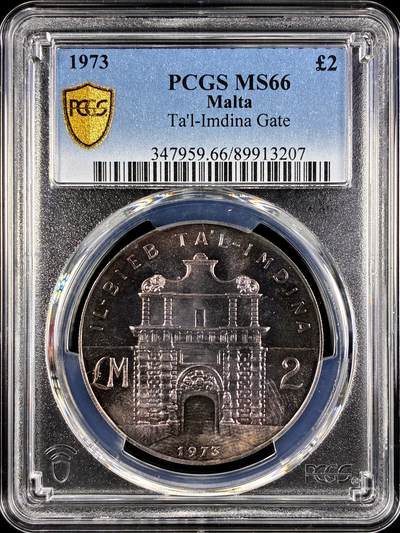 【雨安】【直播拍卖】【第0131期-评级币章】2026-04-04 周六 19:30 (金价1060, 银价18.08)  - [评级现代] Malta 马耳他 2镑 1973年 姆迪纳城门  PCGS-MS66