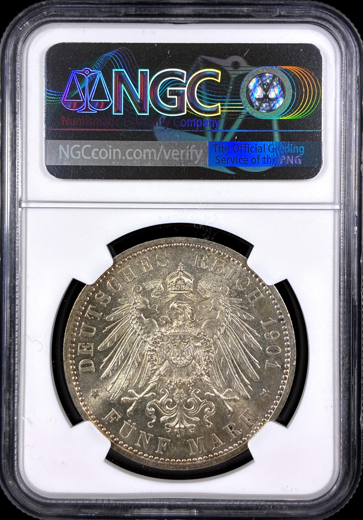 【雨安】【直播拍卖】【第0131期-评级币章】2026-04-04 周六 19:30 (金价1060, 银价18.08)  [评级德国] Germany 德国 帝国 J.106 普鲁士 5马克 (1901) 建国 1901年  NGC-MS63