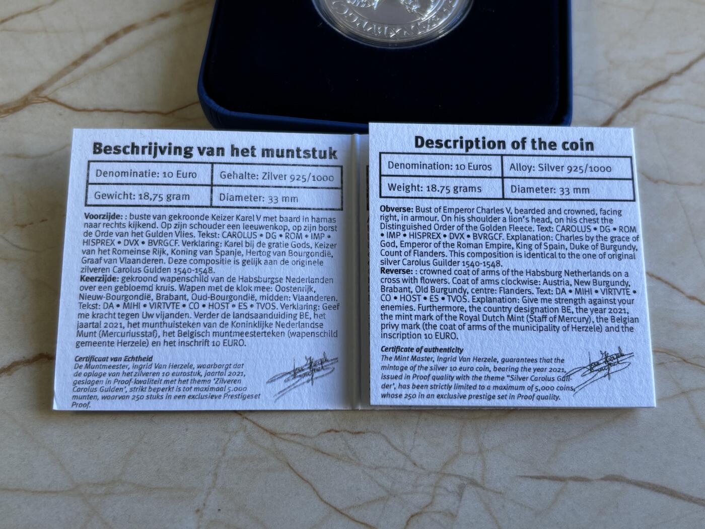 第196期拍卖 比利时2021年卡尔斯古尔登500周年精制纪念银币，925银，18.75克，发行5000枚