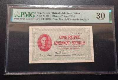 2026四月第一期，总222期 - 【评级数量仅三张】英属塞舌尔1951年1卢比PMG30分 稀有的乔治六世头像版本 难得一见·