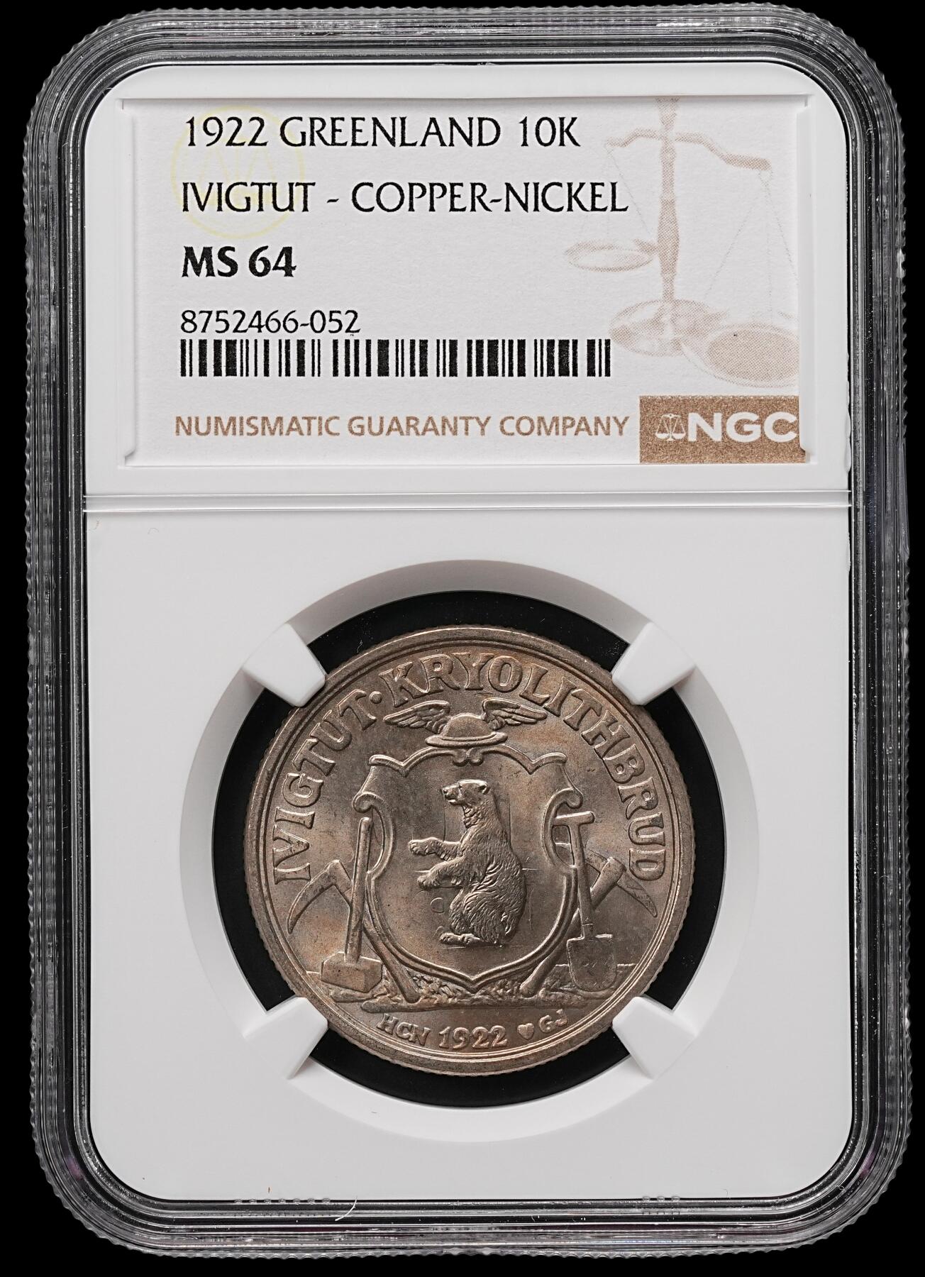 修遠堂世界钱币第110期 NGC MS64 格陵兰伊维格图特冰晶石矿业公司10克朗代用币