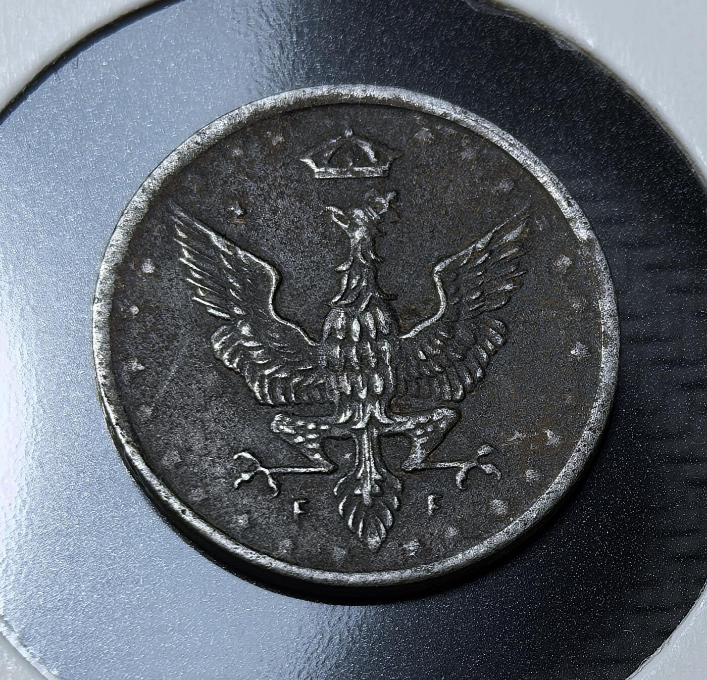 外国优质银币克朗币纪念章，每周六晚九点倒数截拍，满百包邮可寄存，持续收拍 波兰王国（一战德占时期傀儡政权）1917年5芬尼铁币，正面为波兰白鹰国徽，是一战期间波兰复国过渡阶段的临时货币，见证了波兰近代主权重建的历史。