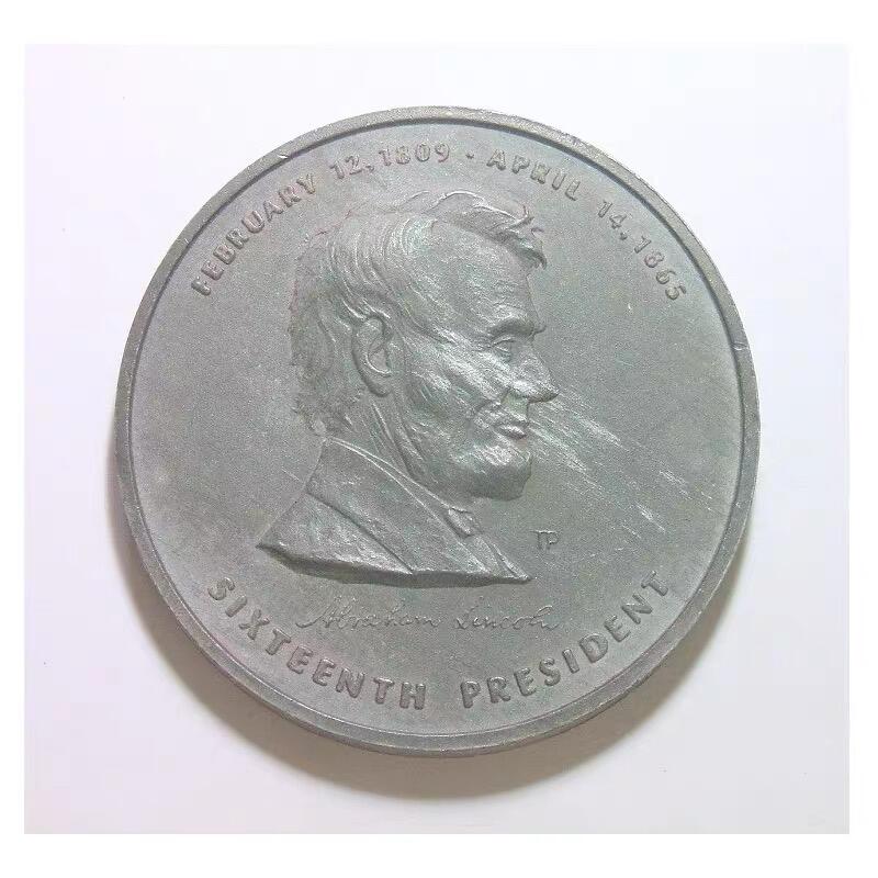 美国1865年 林肯总统+纪念堂高浮雕精制大合金章 50MM