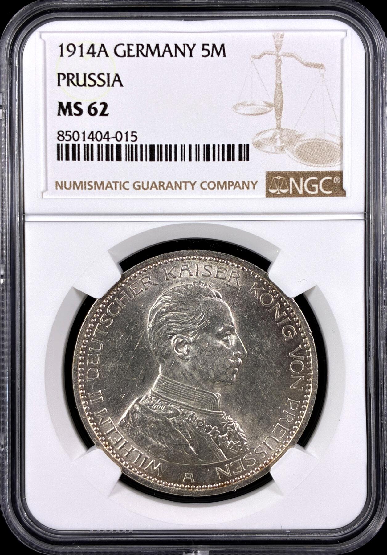 【雨安】【直播拍卖】【第0131期-评级币章】2026-04-04 周六 19:30 (金价1060, 银价18.08)  [评级德国] Germany 德国 帝国 J.114 普鲁士 5马克 (1913-1914) 军装 1914年  NGC-MS62