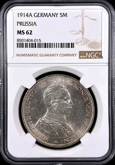 【雨安】【直播拍卖】【第0131期-评级币章】2026-04-04 周六 19:30 (金价1060, 银价18.08)  - [评级德国] Germany 德国 帝国 J.114 普鲁士 5马克 (1913-1914) 军装 1914年  NGC-MS62