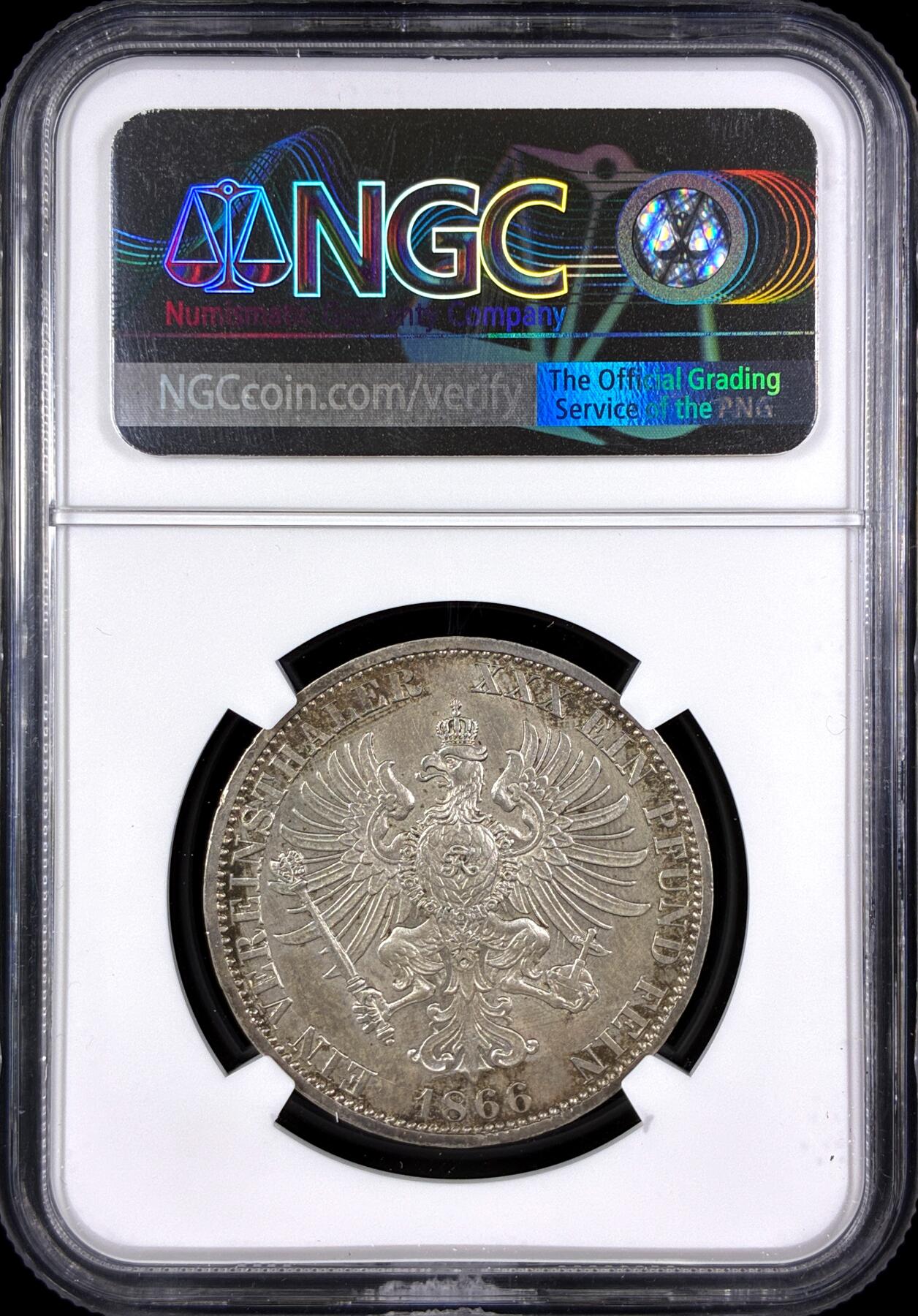 【雨安】【直播拍卖】【第0131期-评级币章】2026-04-04 周六 19:30 (金价1060, 银价18.08)  [评级德国] Germany 德国 德意志 1泰勒 Prussia普鲁士 Thun.271 KM#0497 (1866) 威廉一世.普奥战争.桂冠 1866年  NGC-UNC