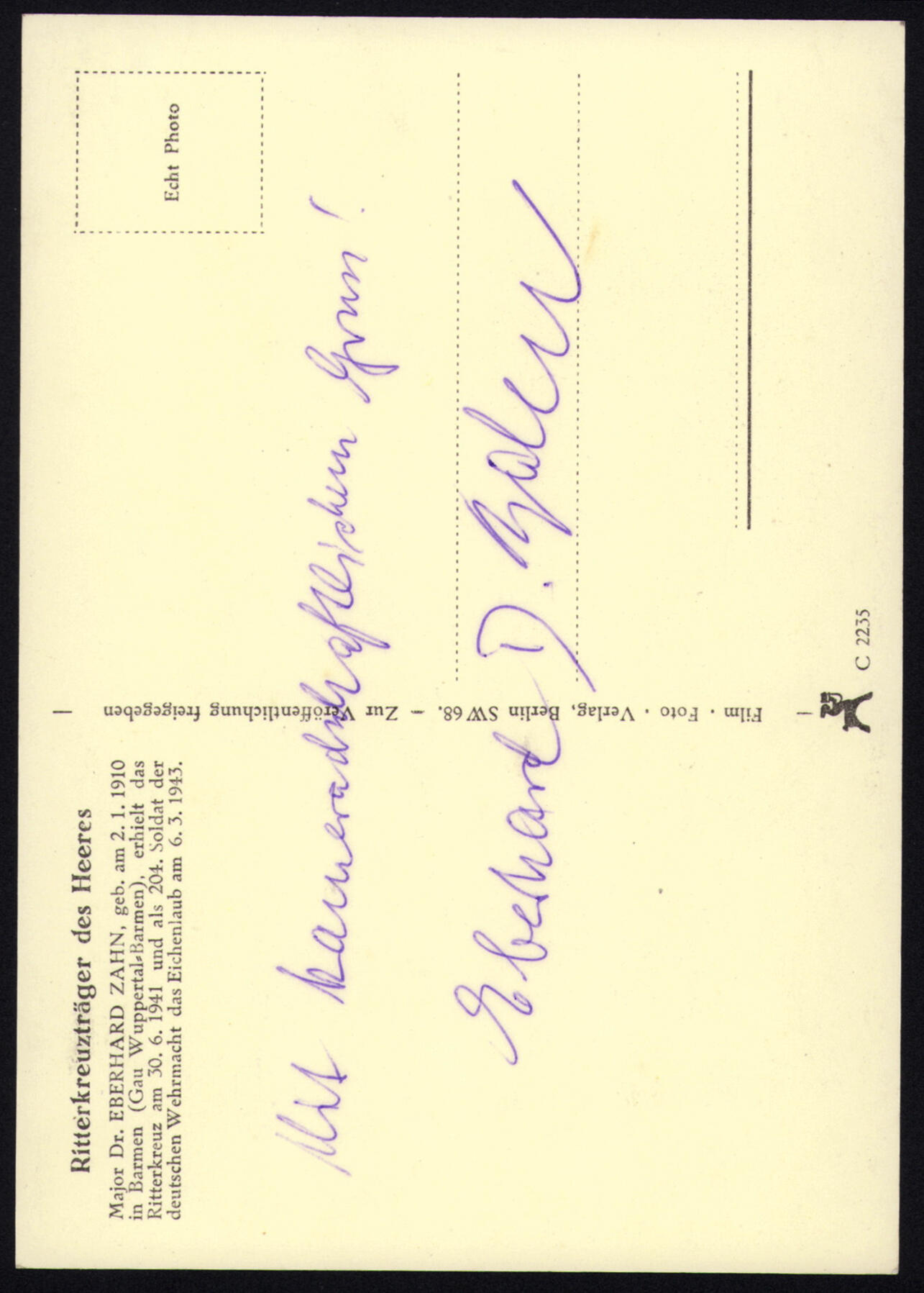 小驴勋章奖章收藏4月4日周六晚六点拍卖（珍爱和平，收藏战争，铭记历史，勿忘国耻，忠党爱国。有偿代拍，送拍规则在简介最后，参拍须阅读规则后再参拍，关系到运费包装发货时效真假辨别等关键信息，拍卖时不再发原图，看大图店主微信码在拍卖店铺介绍里） 橡叶饰百岁博士Dr. Eberhard Zahn电影照片出版社战时明信片战后正反双亲签