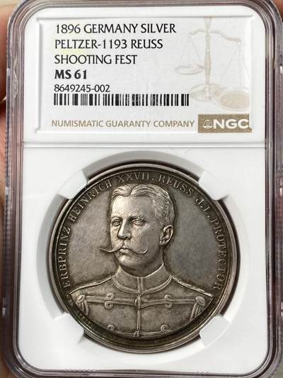 万国钱币拍卖第064期 - NGC MS61 1896年德国中部罗伊斯联邦射击节纪念银章 罕见小邦罗伊斯亨利二十七世亲王侧像 背面冷热兵器交替士兵与射击景观图 珍稀品种 常见均为带吊环 