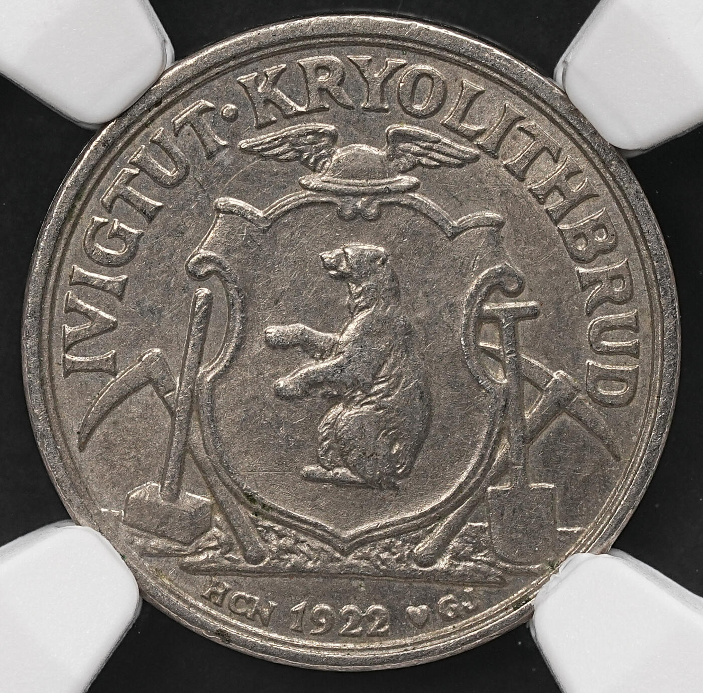 修遠堂世界钱币第110期 NGC AU58 1922年格陵兰伊维格图特冰晶石矿公司10欧尔代用币