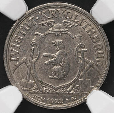 修遠堂世界钱币第110期 - NGC AU58 1922年格陵兰伊维格图特冰晶石矿公司10欧尔代用币