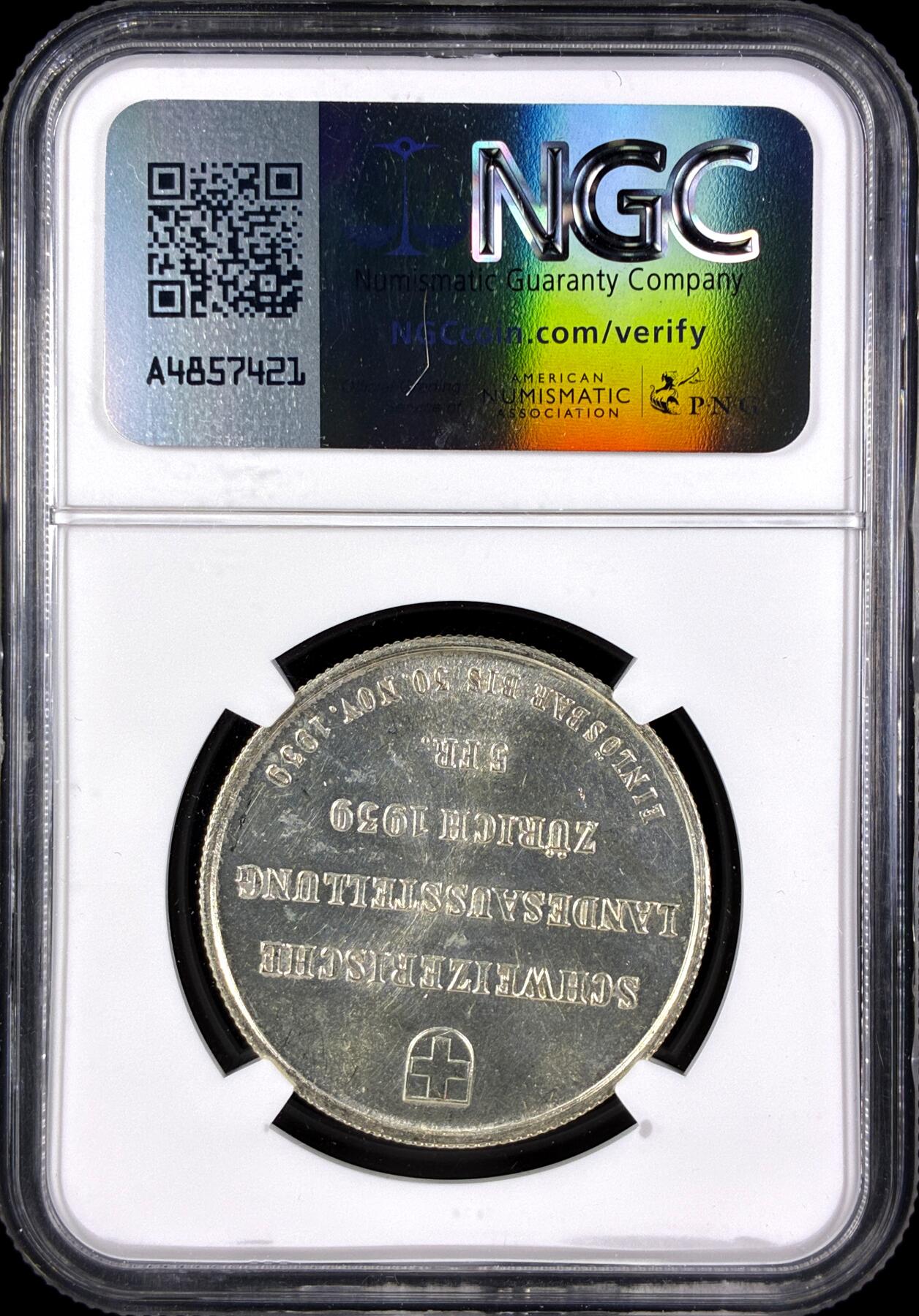 【雨安】【直播拍卖】【第0131期-评级币章】2026-04-04 周六 19:30 (金价1060, 银价18.08)  [评级欧洲] Switzerland 瑞士 5法郎 1939年 苏黎世博览会 KM# 43  NGC-MS64