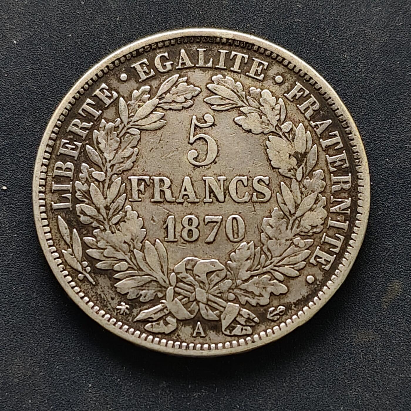 【全场包邮】纯粹捡漏拍519场 法国1870年花冠女神5法郎银币【37毫米25克90%】