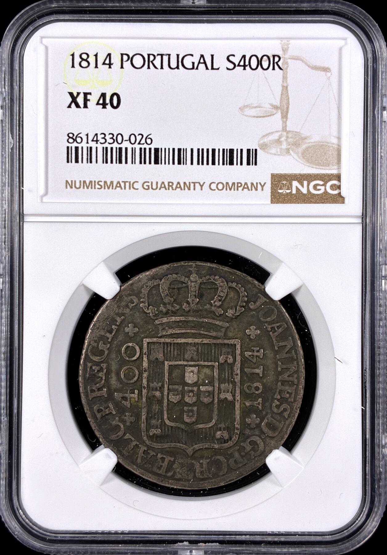 【雨安】【直播拍卖】【第0131期-评级币章】2026-04-04 周六 19:30 (金价1060, 银价18.08)  [评级欧洲] Portugal 葡萄牙 400瑞斯 KM#0331 (1802-1816) 若昂摄政王 1814年  NGC-XF40