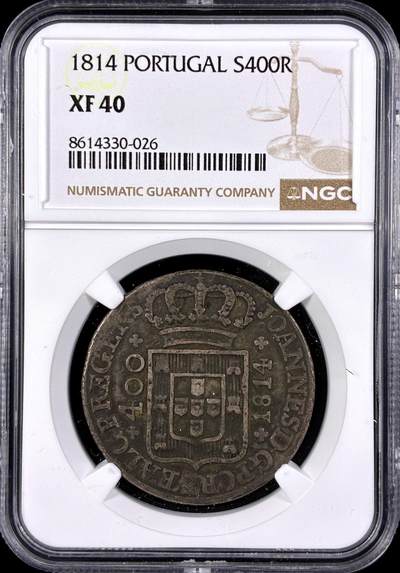 【雨安】【直播拍卖】【第0131期-评级币章】2026-04-04 周六 19:30 (金价1060, 银价18.08)  - [评级欧洲] Portugal 葡萄牙 400瑞斯 KM#0331 (1802-1816) 若昂摄政王 1814年  NGC-XF40