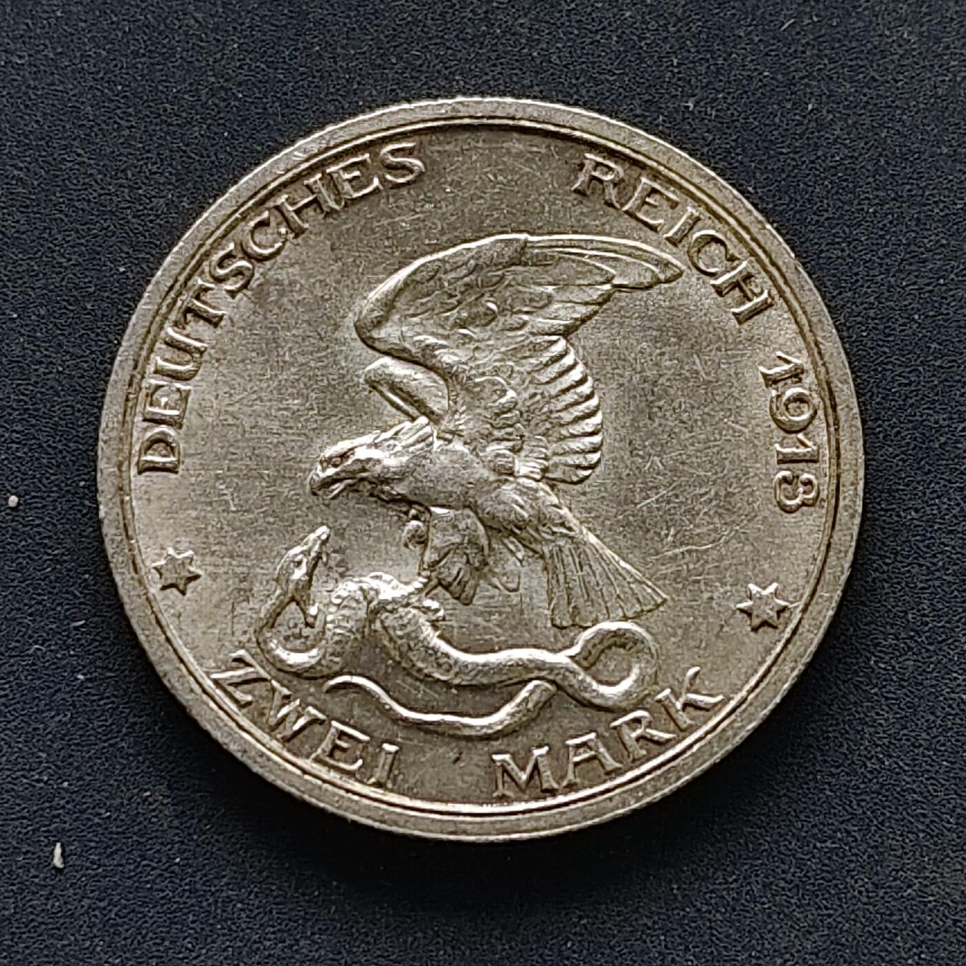 【全场包邮】纯粹捡漏拍519场 德国普鲁士1913年2马克普法战争胜利100周年纪念银币