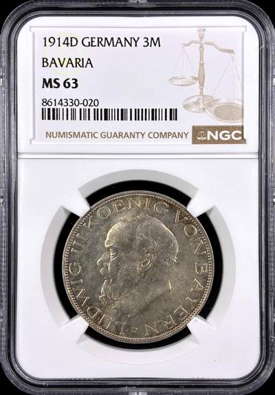 【雨安】【直播拍卖】【第0131期-评级币章】2026-04-04 周六 19:30 (金价1060, 银价18.08)  - [评级德国] Germany 德国 帝国 J.052 巴伐利亚 3马克 (1914) 路德维希三世 1914年  NGC-MS63