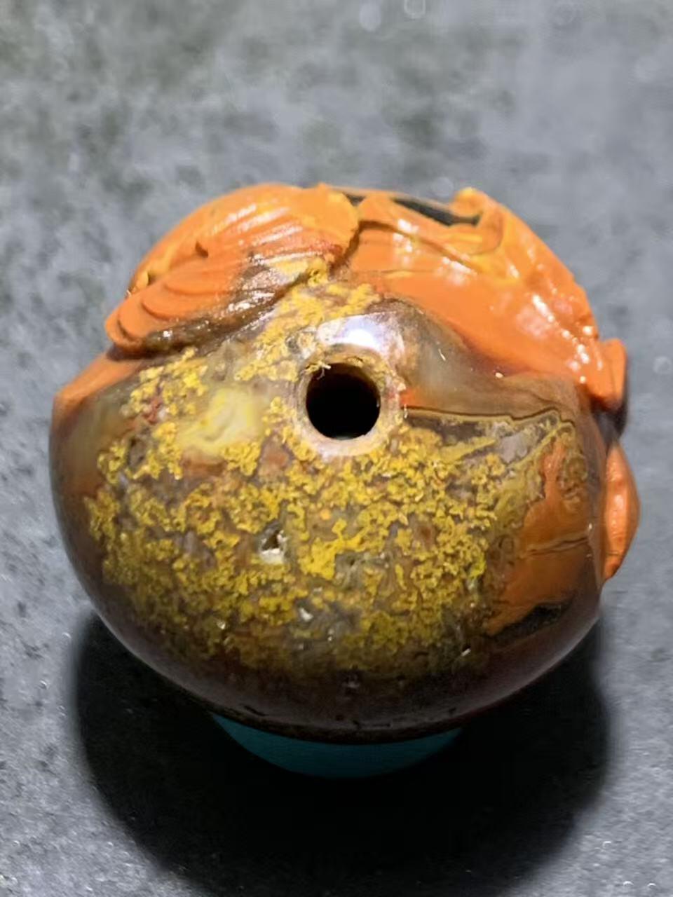 精美亚光草花纹战国红玛瑙手工俏色巧雕大象2.0圆珠一个