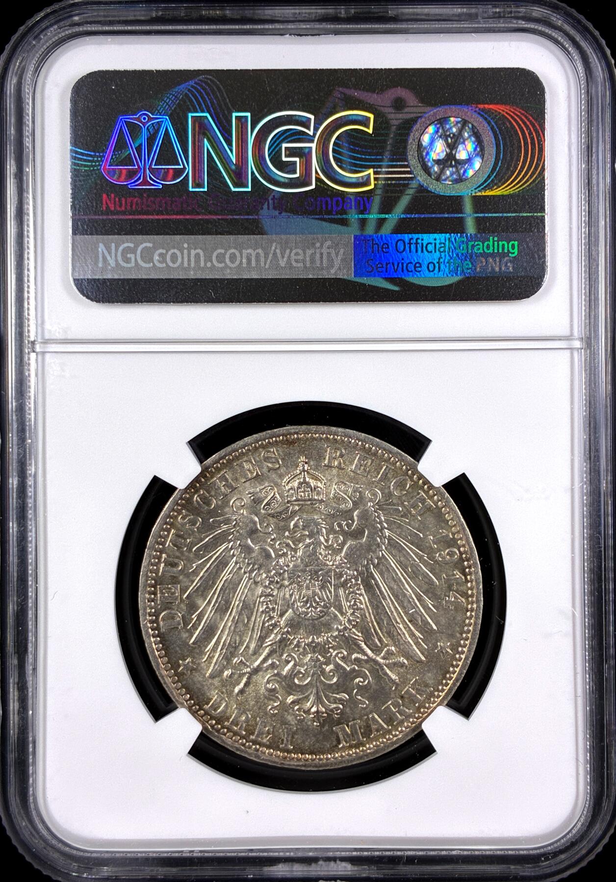 【雨安】【直播拍卖】【第0131期-评级币章】2026-04-04 周六 19:30 (金价1060, 银价18.08)  [评级德国] Germany 德国 帝国 J.052 巴伐利亚 3马克 (1914) 路德维希三世 1914年  NGC-MS63