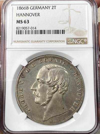 万国钱币拍卖第064期 - NGC MS63 1866年德国汉诺威狮马英式盾徽流通2泰勒 汉诺威最后的2T 轻微类镜面质感高点极佳 原味青灰包浆清新淡雅