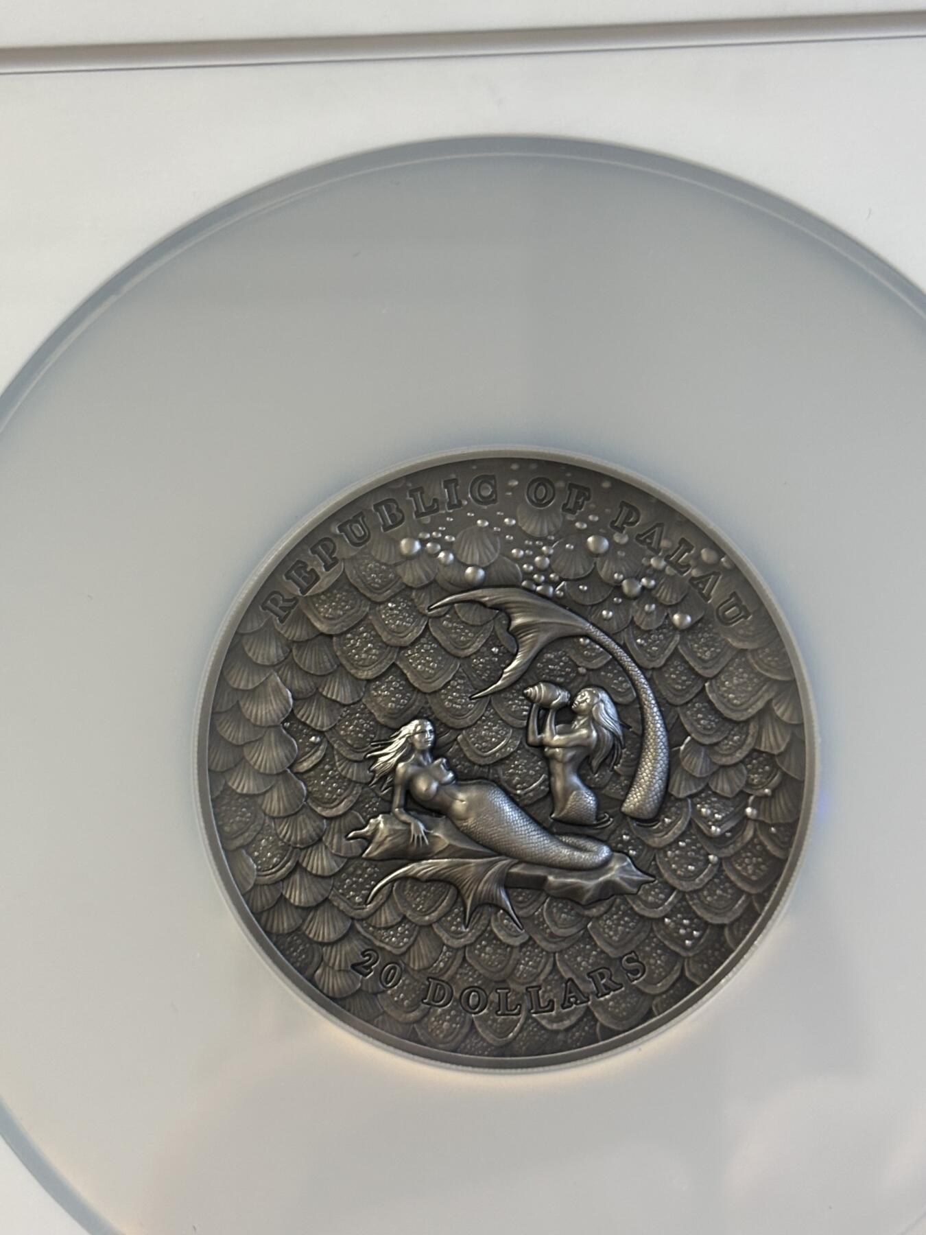 第197期拍卖 帕劳2024年水下幻想美人鱼3盎司银币NGC-MS70分首无盒证书，3盎司，发行777枚