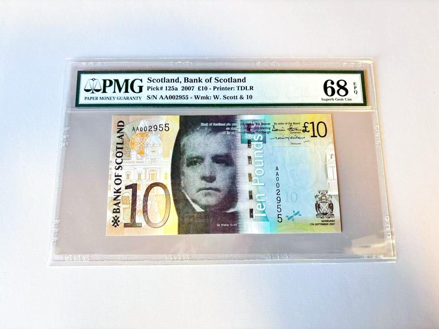 【Blue Auction】世界纸币精拍第805期——18级TOP拍卖/信誉/品质/专业/高效💫 【AA千位小号无47】苏格兰 2007年10镑 PMG68EPQ 高分