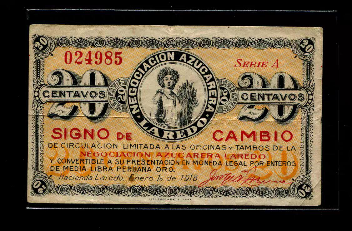 4月6号晚上8点 中外纸币自动截拍第52场 拉雷多糖业1918年20美分 稀少