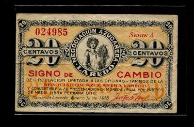 4月6号晚上8点 中外纸币自动截拍第52场 - 拉雷多糖业1918年20美分 稀少