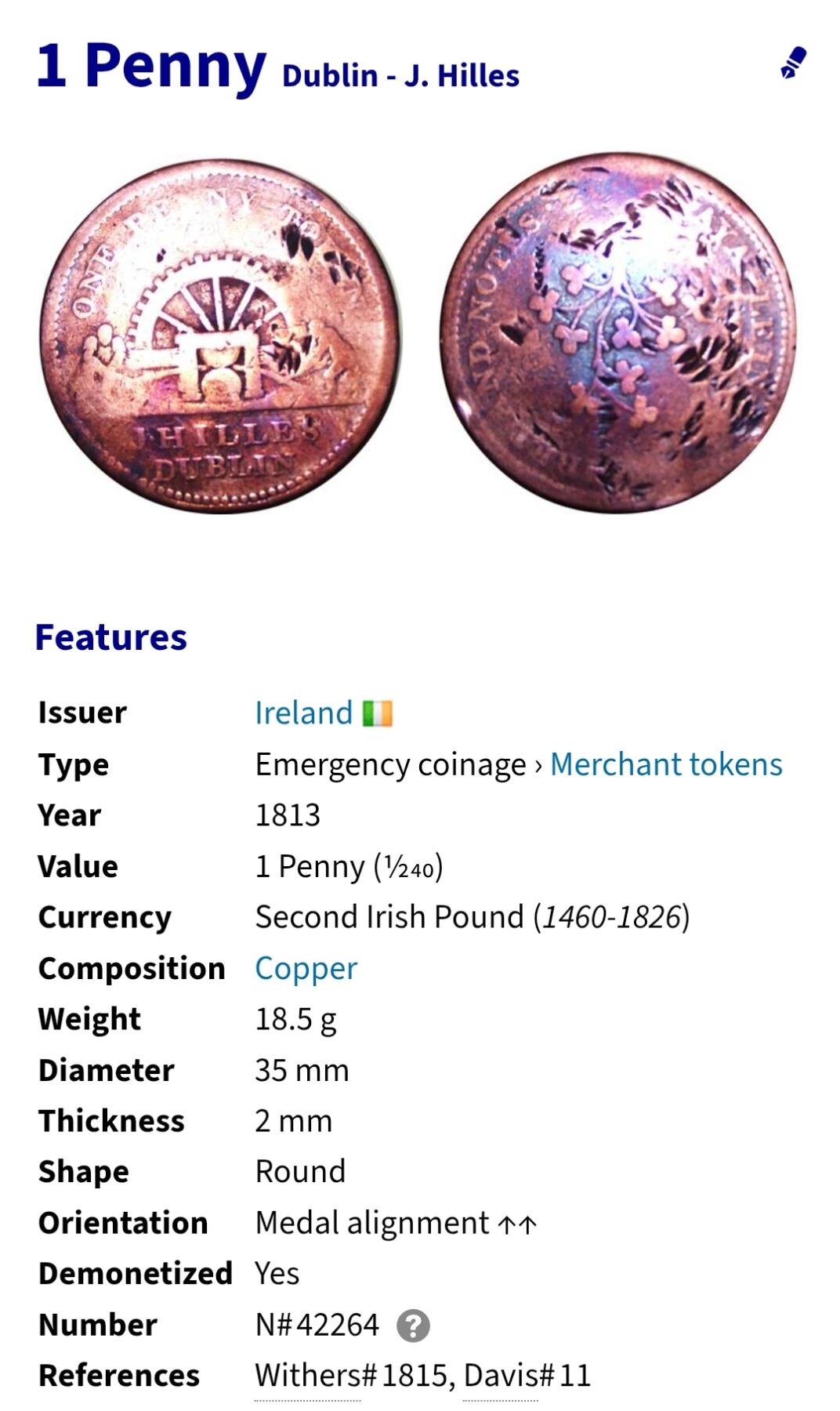 2026年第四十场(总第二百零九场）外国好品散币场(免佣金) 稀见品种–爱尔兰1813年1便士代币(都柏林-希尔斯五金批发商铺使用)