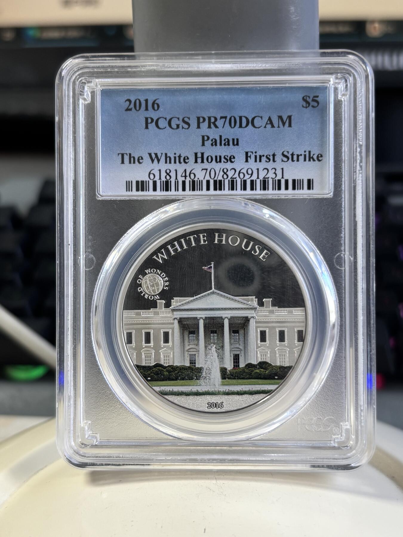 第197期拍卖 帕劳2016年世界奇观美国白宫彩银币PCGS-PR70首带证书，925银，20克，发行2500枚