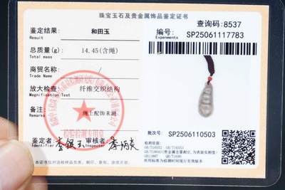 上海都达杂项专场103【全场包邮】  天然点墨青花和田玉精雕《福豆》挂件 附鉴定证书64-84