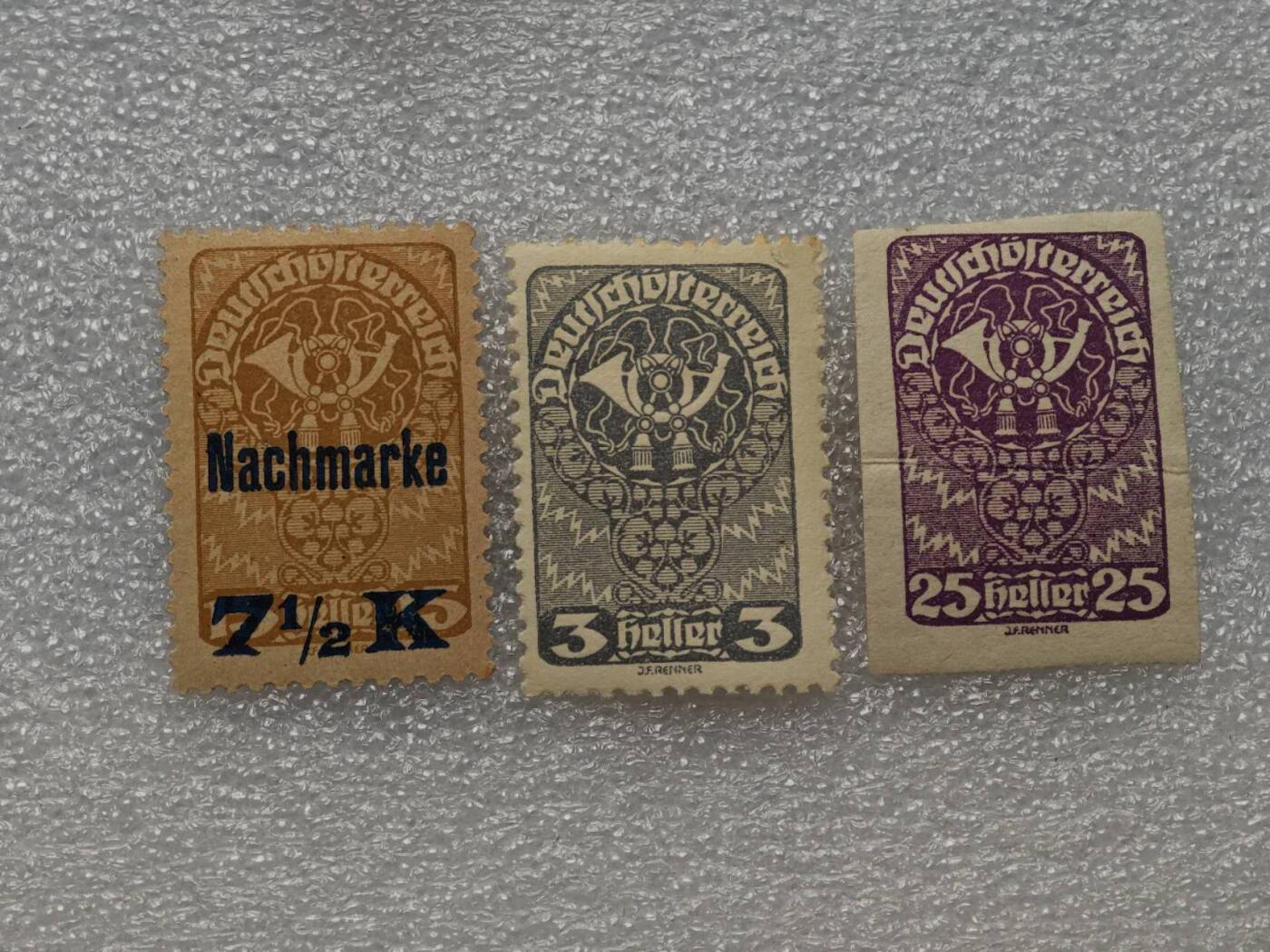  【淘币小摊】限时拍第八百九十一拍  外国老邮票 印花税票 火花纸品场    每周一统一发货 奥地利1919年喇叭邮票3枚全新未使用