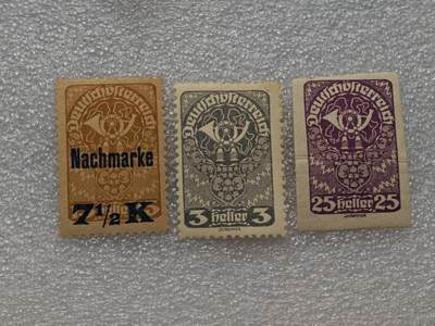  【淘币小摊】限时拍第八百九十一拍  外国老邮票 印花税票 火花纸品场    每周一统一发货 - 奥地利1919年喇叭邮票3枚全新未使用