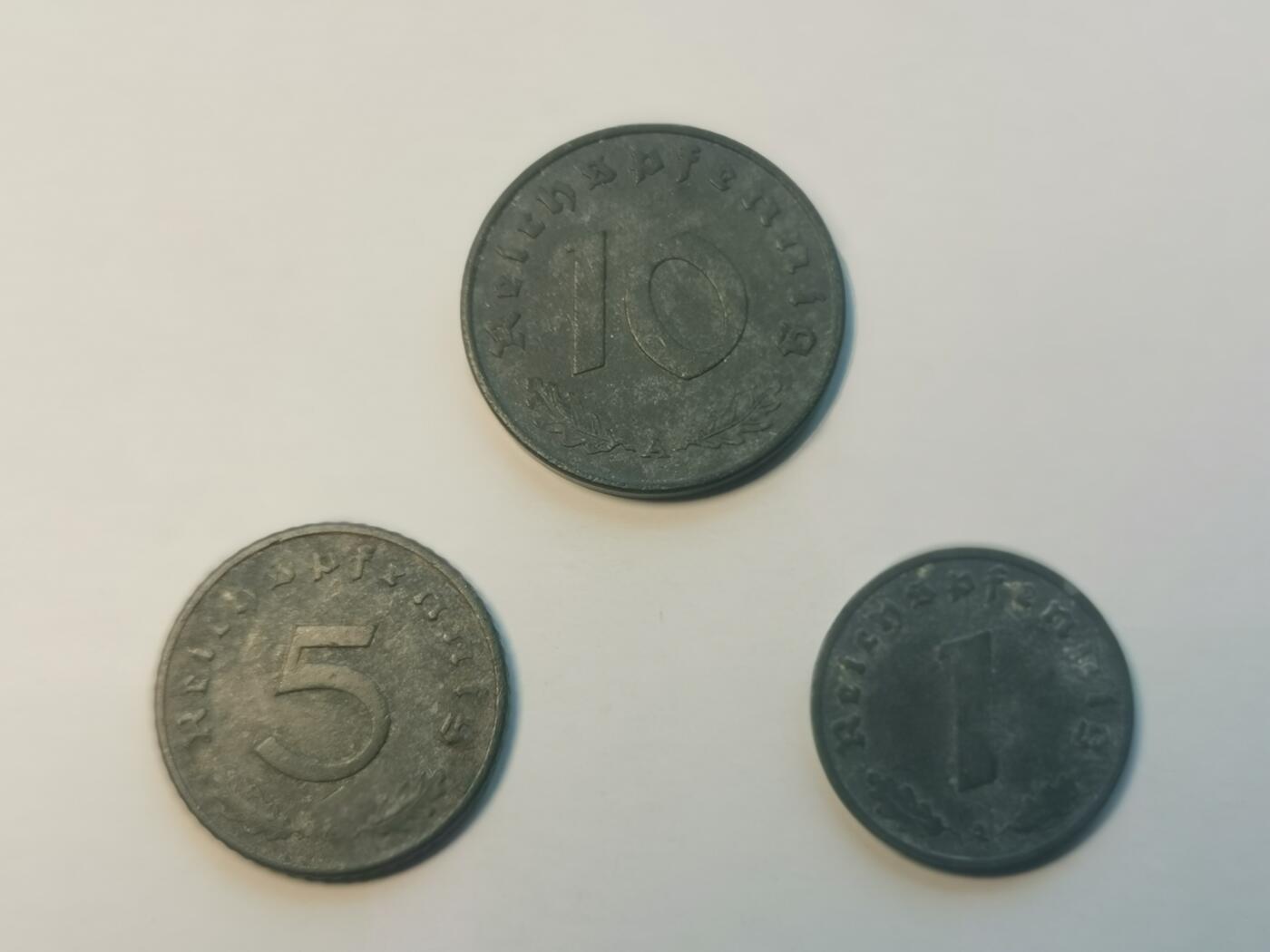 德意志第三帝国w字芬尼全A厂一套，面值1，5，10芬尼，细节清晰