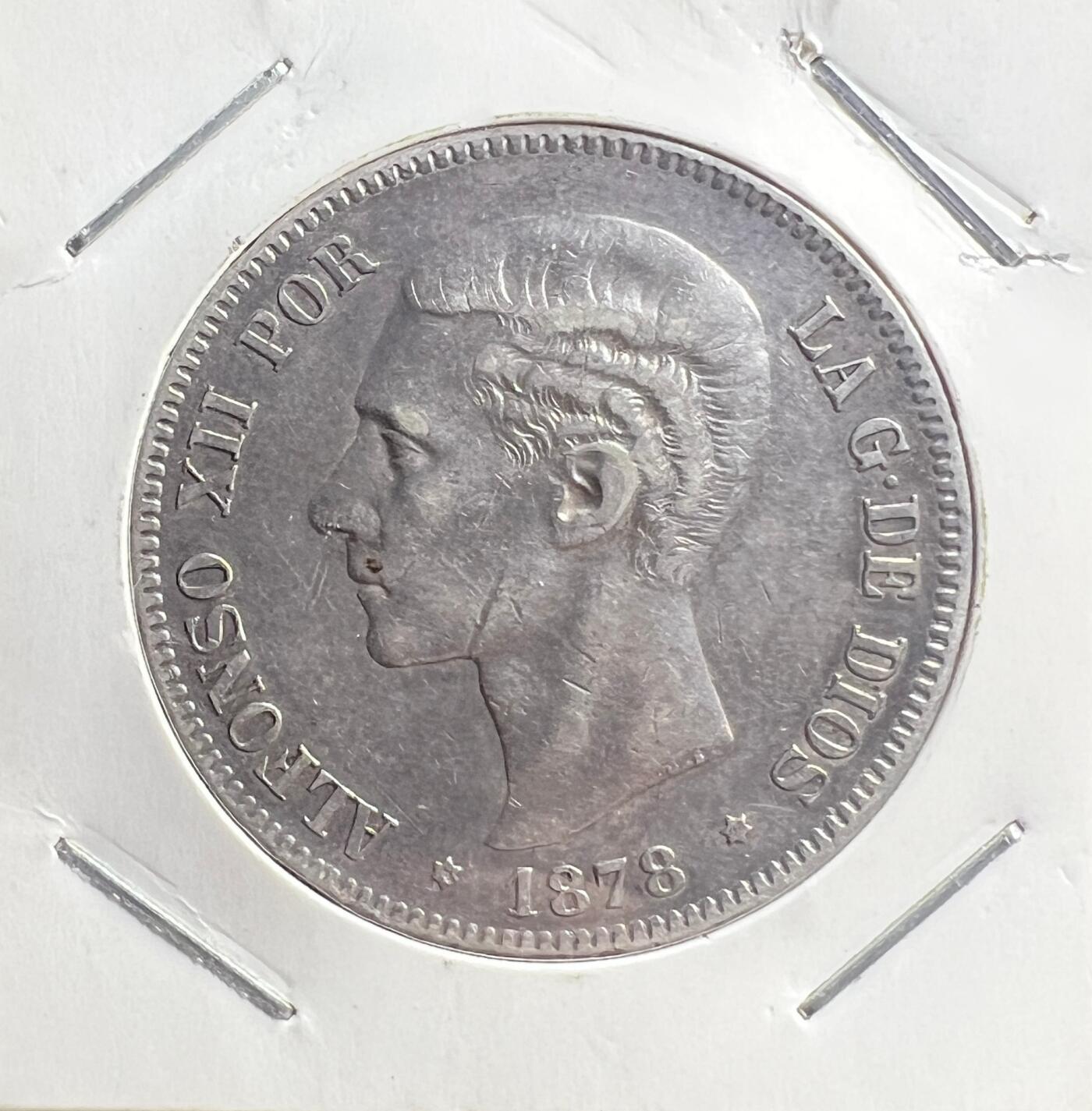 1878 年西班牙阿方索十二世 5 比塞塔银币 波旁复辟 欧洲老银币