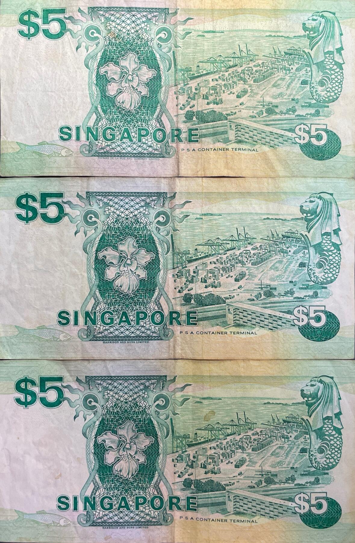 回流0405 新加坡5元纸币（船系列，1989-1999年版，3枚）¥79.4
