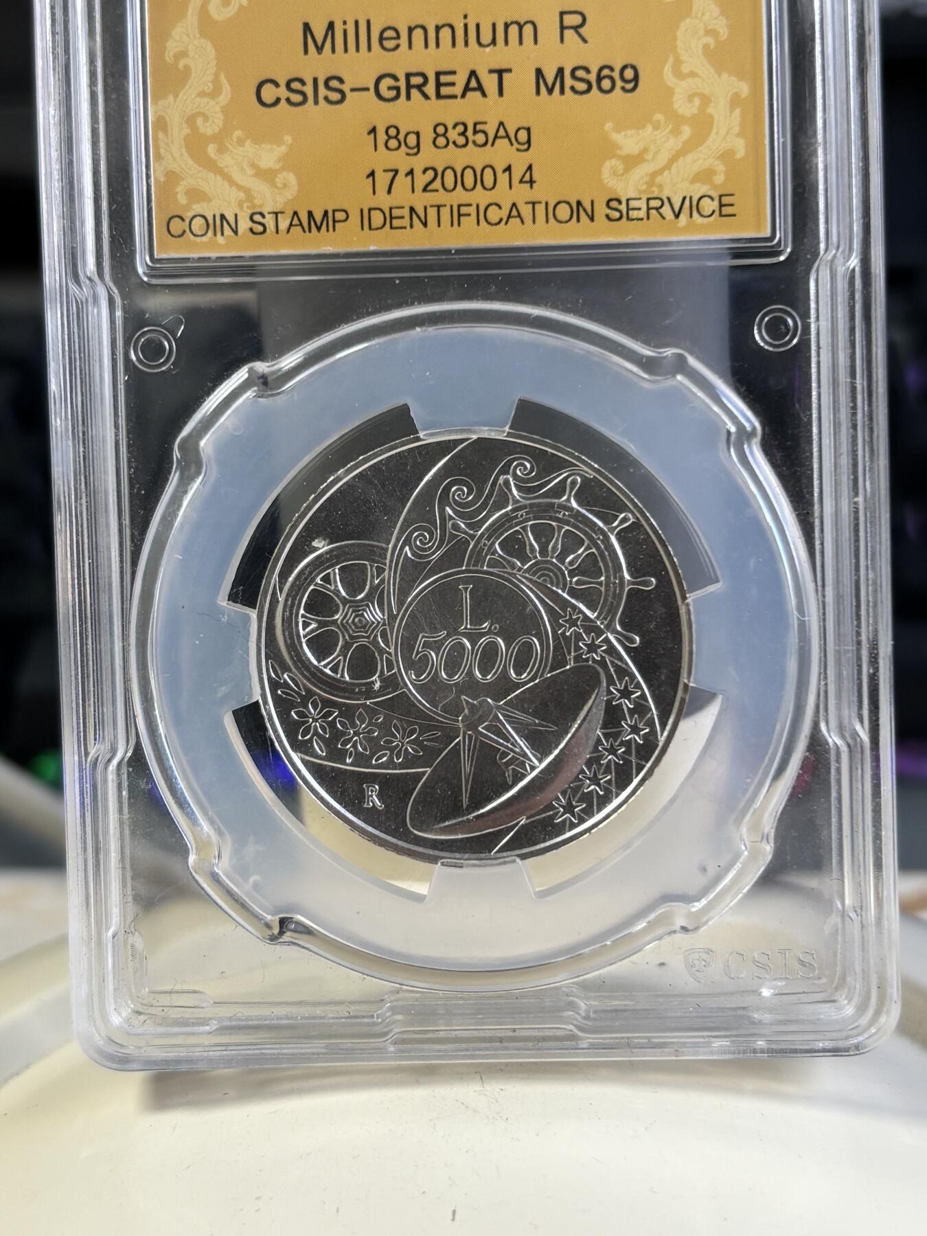 第197期拍卖 克劳斯获奖币意大利1999年千禧年磨砂纪念银币CSIS-MS69，18克，835银