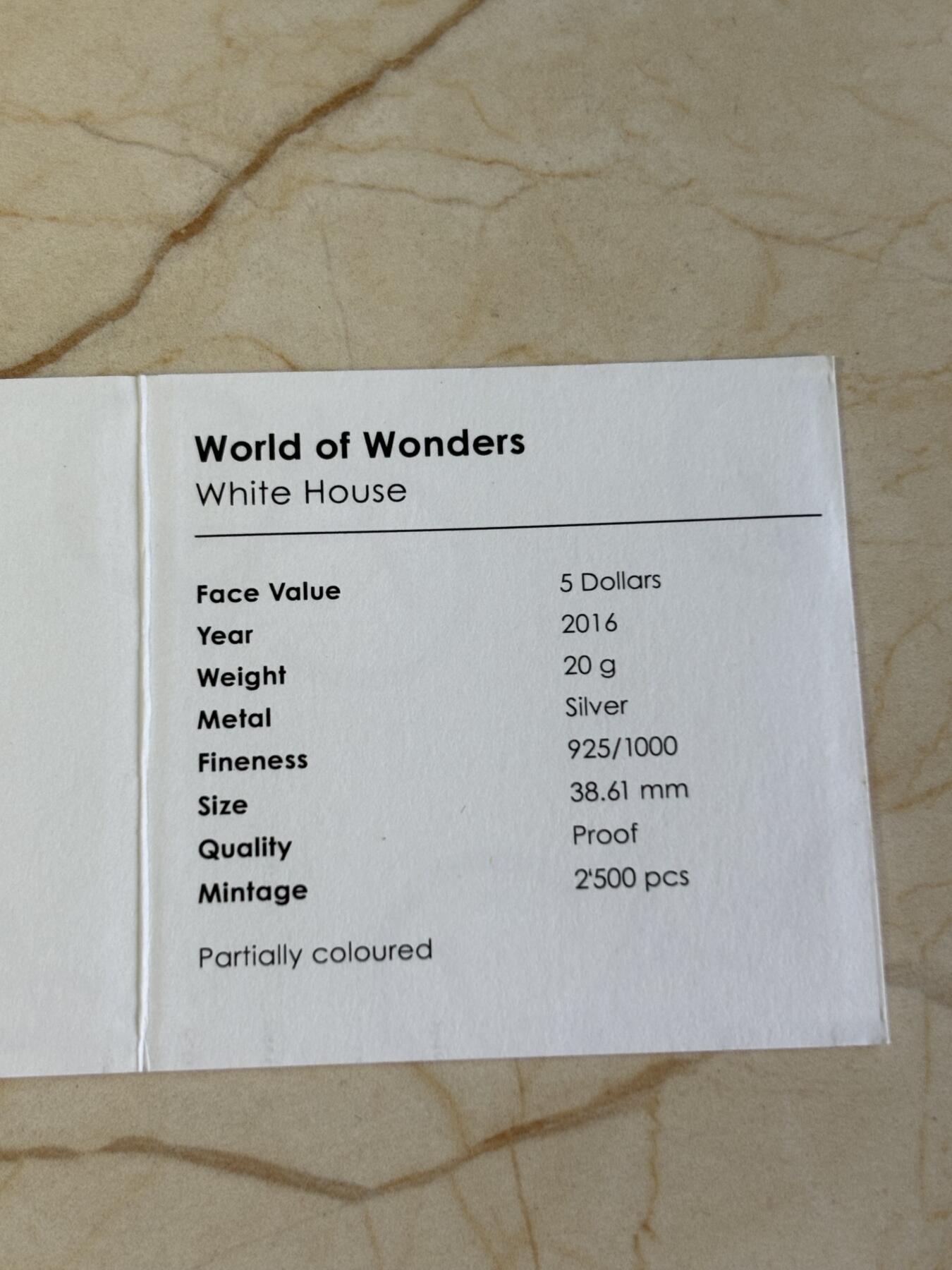 第197期拍卖 帕劳2016年世界奇观美国白宫彩银币PCGS-PR70首带证书，925银，20克，发行2500枚